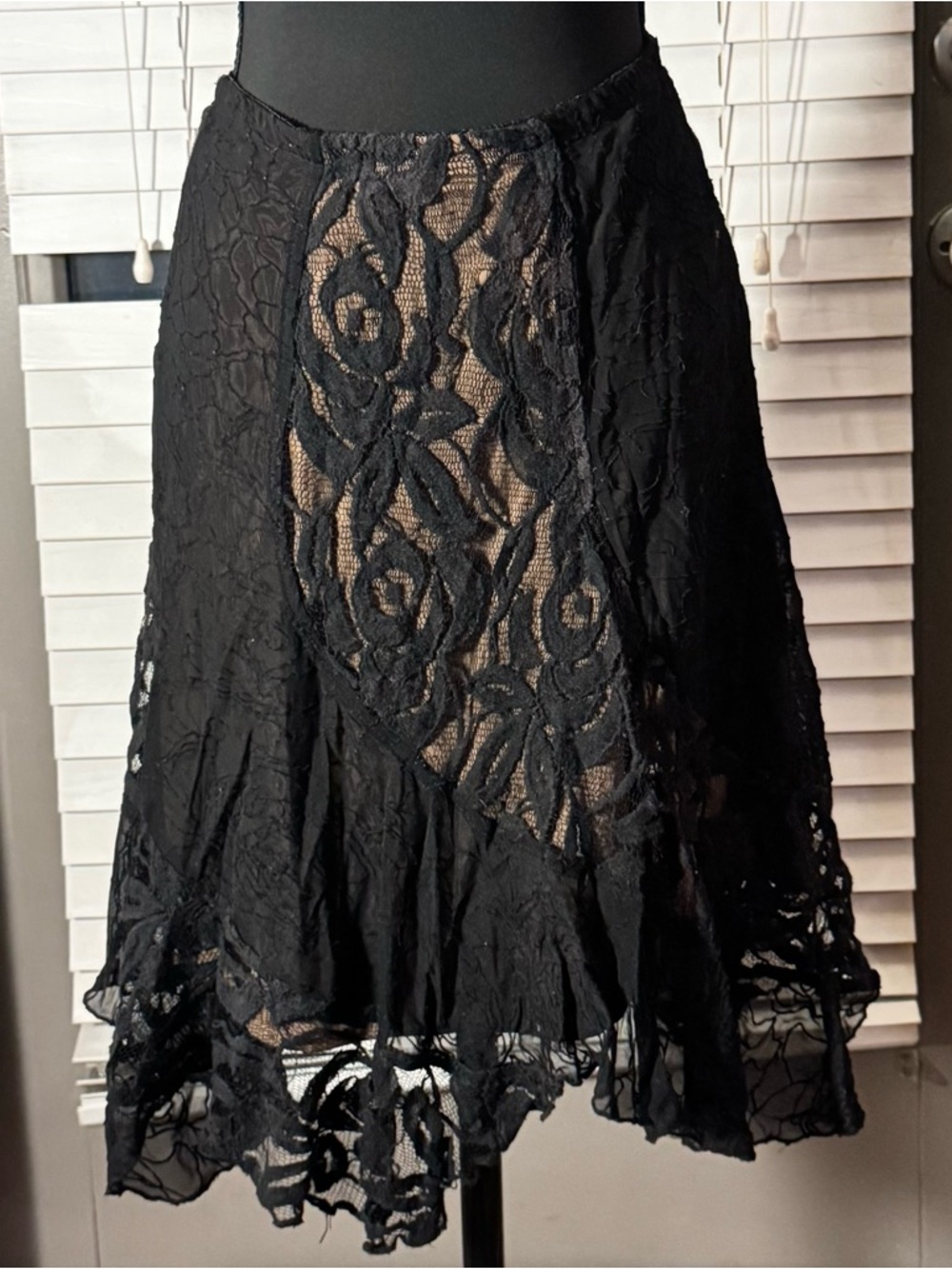 Black Lace A-Line Midi Elasticated Waist with Nude Slip Waterfall Body, Medium